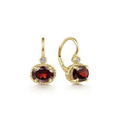 14K Yellow Gold Oval Garnet and Diamond Leverback Earrings