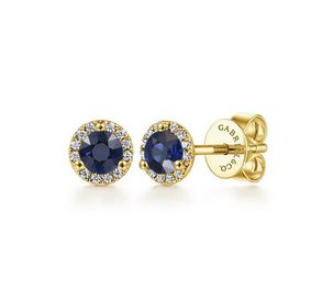 14K Yellow Gold Diamond and Sapphire Halo Stud Earrings