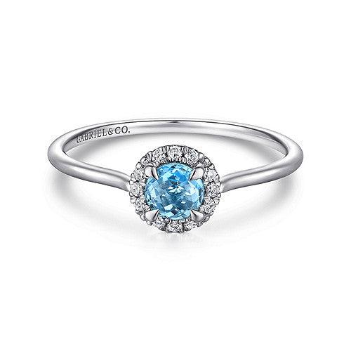 14k White Gold Blue Topaz And Diamond Halo Promise Ring