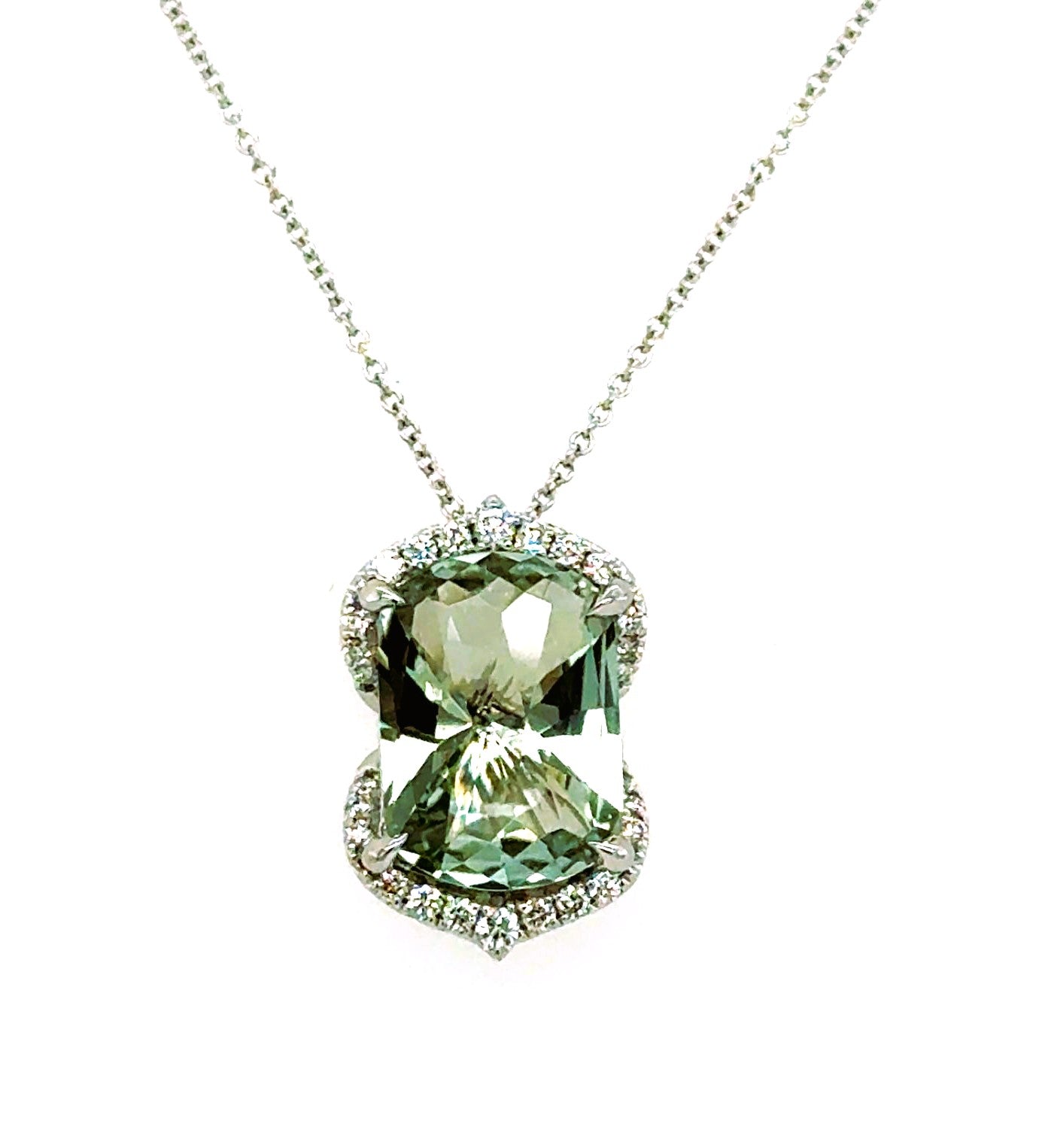 Pendant, 18KW, 14x10, Green Amethyst, Cushion