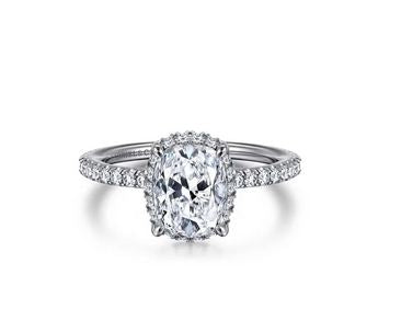 14K White Gold Elongated Cushion Hidden Halo Diamond Engagement Ring