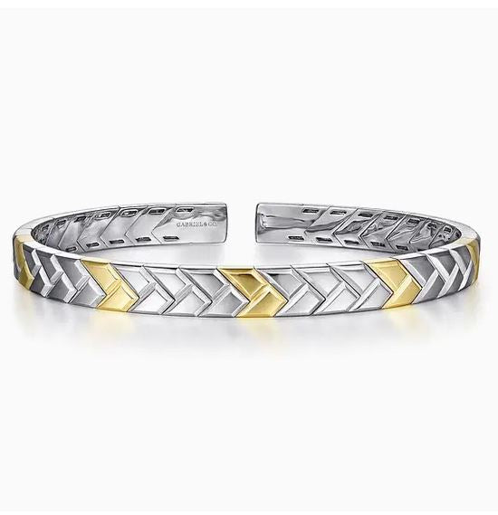 Sterling Silver and 14K Yellow Gold Open Herringbone Cuff Bangle