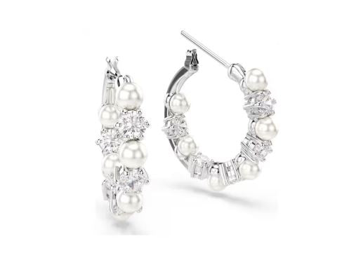 Matrix drop earrings Crystal pearl, Round cut, White, Rhodium plated