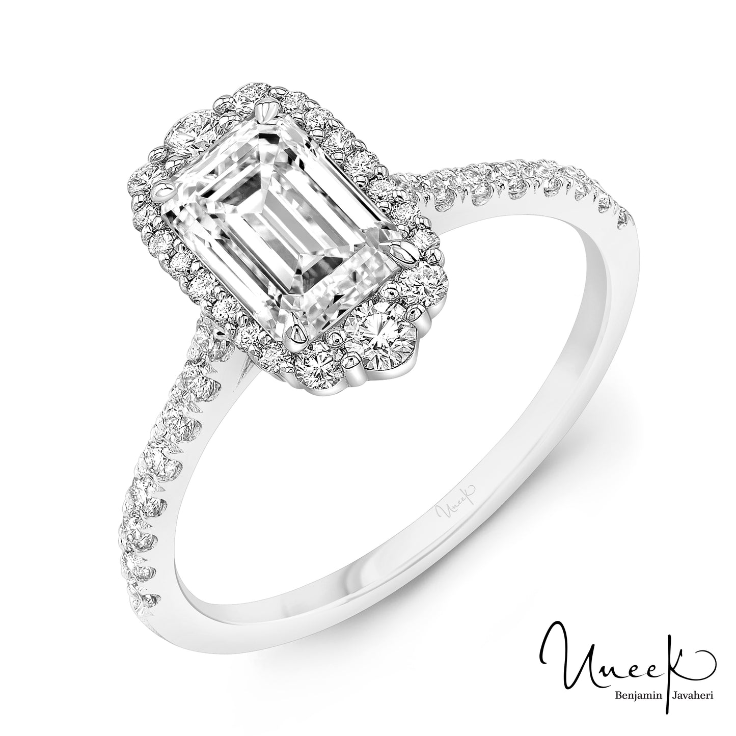 14K White Uneek Petals Collection Double-Halo Emerald Cut Engagement Ring