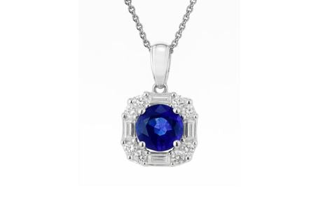 Lady's White 18 Karat Halo Pendants With One = 0.98Ct Round Sapphire, 8 = 0.16Tw Round G Vs1 Diamonds And 0.24 Twt Other Stones