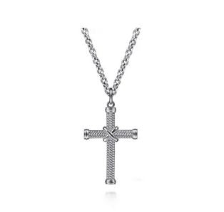 22 Inch 925 Sterling Silver X Center Twisted Rope Cross Pendant Necklace