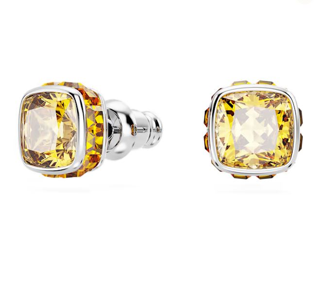 Birthstone stud earrings Square cut, November, Yellow, Rhodium plated