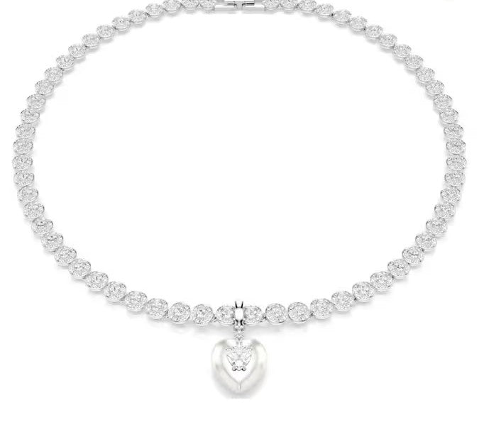 Mixed cuts, Pearl-colored coating, Heart, White, Rhodium plated