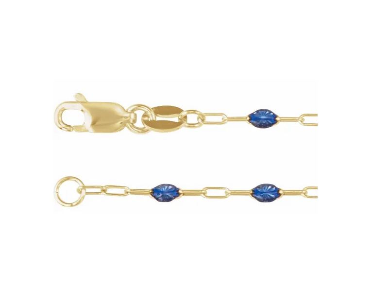 14K Yellow Gold-Filled 1.6 mm Blue Enamel Bead Paperclip-Style 18" Chain