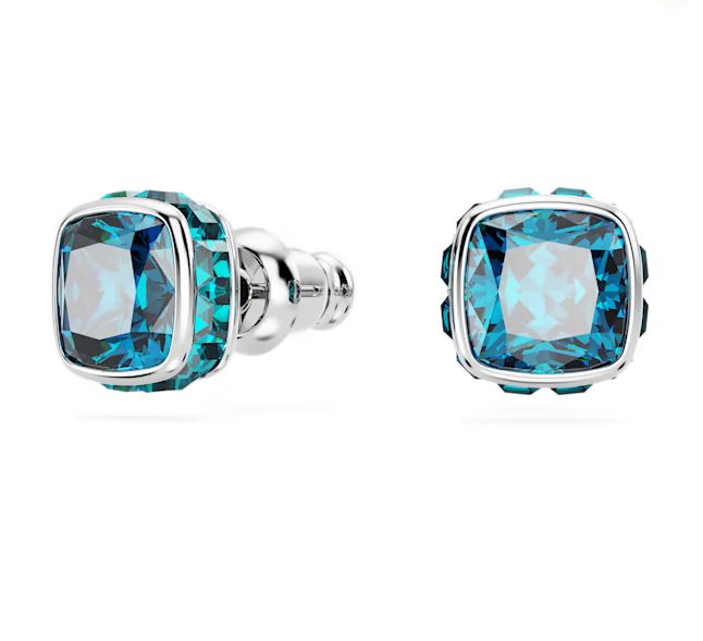 Birthstone stud earrings Square cut, December, Blue, Rhodium plated