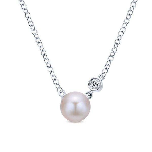 925 Sterling Silver Cultured Pearl and Diamond Pendant Necklace
