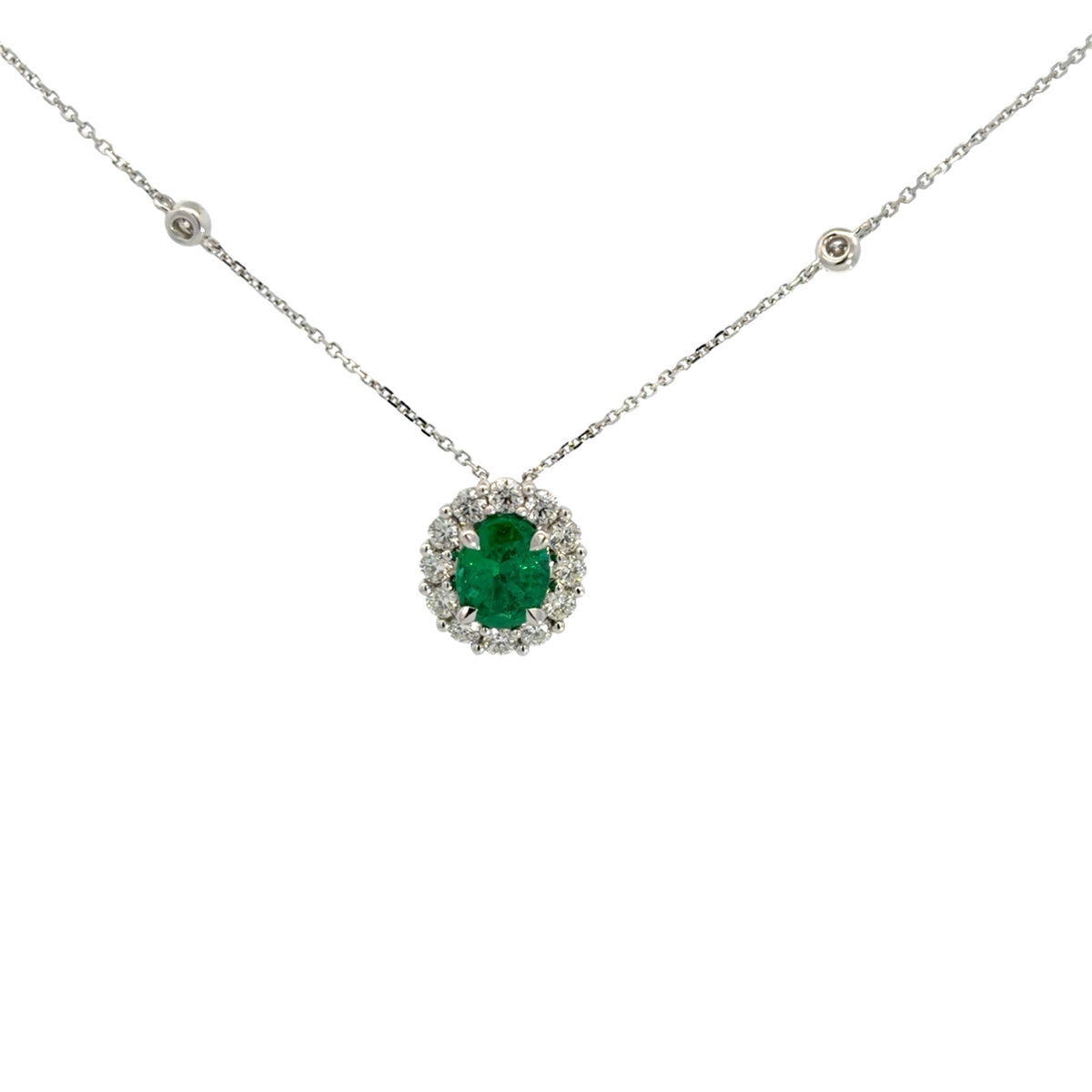 Lady's White 18 Karat Halo Pendants With One = 1.50Ct Oval Emerald And 18 = 1.06Twt Round G/H Si2 Diamonds