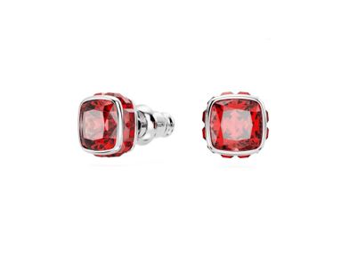 Birthstone stud earrings Square cut, July, Red, Rhodium plated