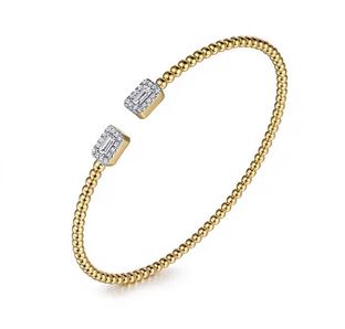 14K Yellow Gold Bujukan Open Cuff Bracelet with Diamond Baguettes
