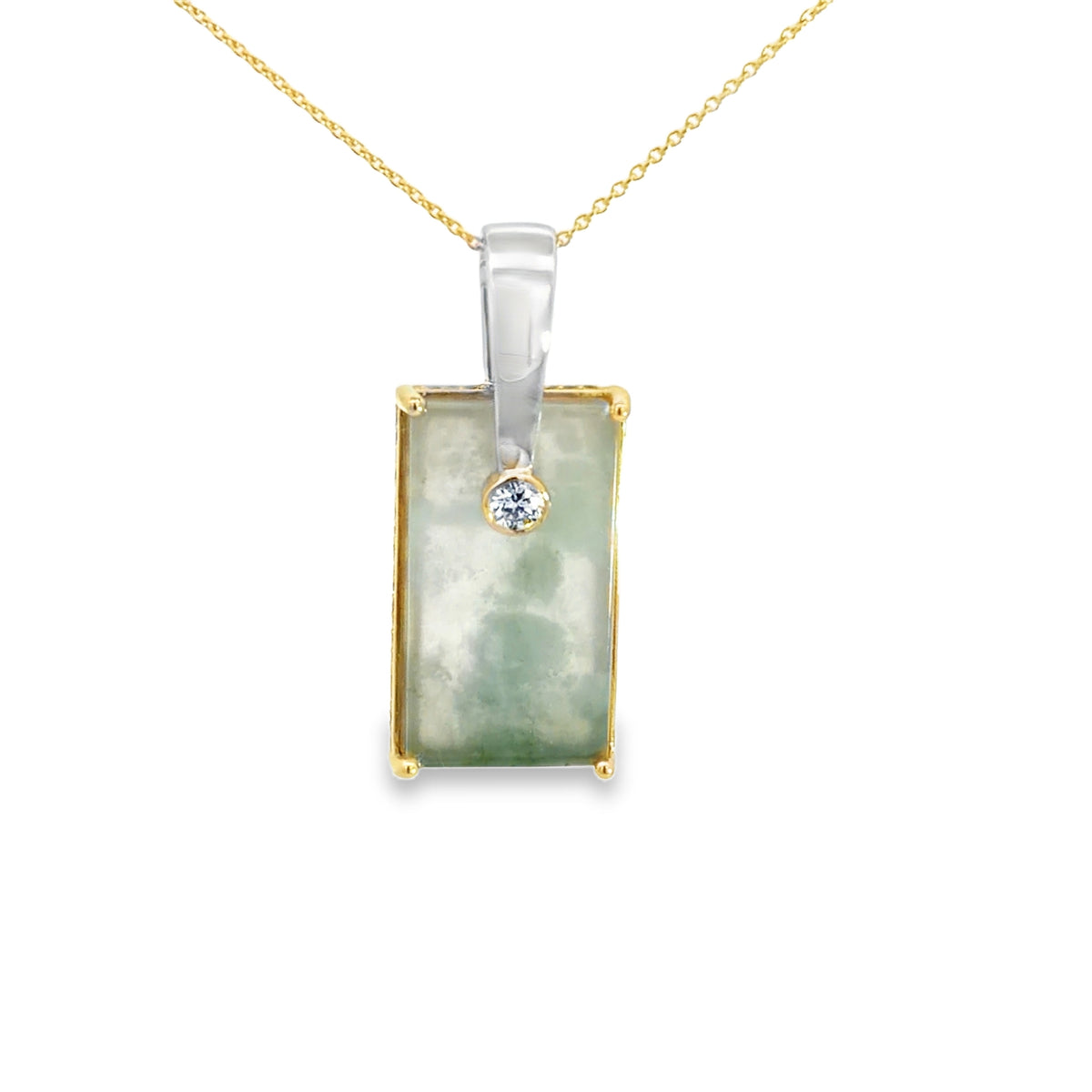 Lady's Two-Tone 14 Karat Drop Pendants Length 18 With One = 12.00X12.00Mm Various Shapes Jade, 54 = 0.27Twt Round G/H Si2 Diamonds And 0.135 Twt Other Stones