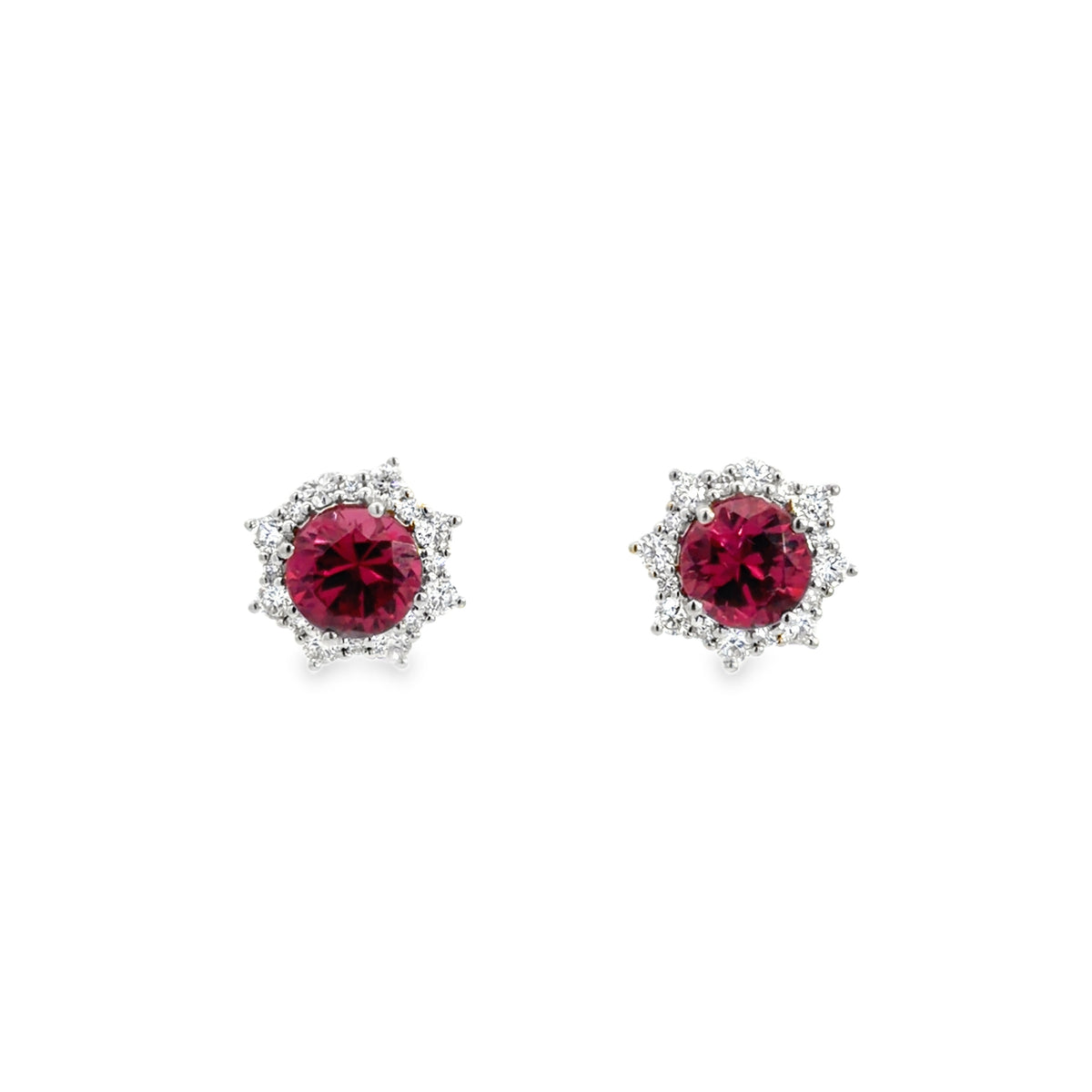 Lady's White 14 Karat Stud Earrings With 2 = 1.72Twt Round Rubellite Tourmalines And = 0.40Twt Round H/I Si2 Diamonds