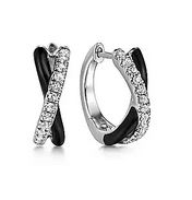 925 Sterling Silver White Sapphire and Black Enamel Criss Cross Huggie