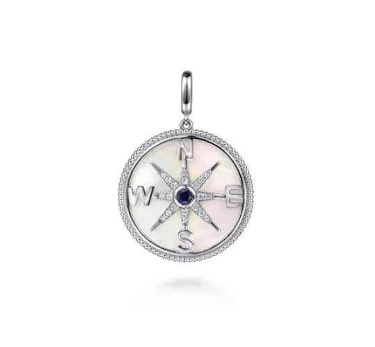 925 Sterling Silver 28mm Bujukan White Sapphire Compass & Mother of Pearl Medallion Pendant With Detachable Bail