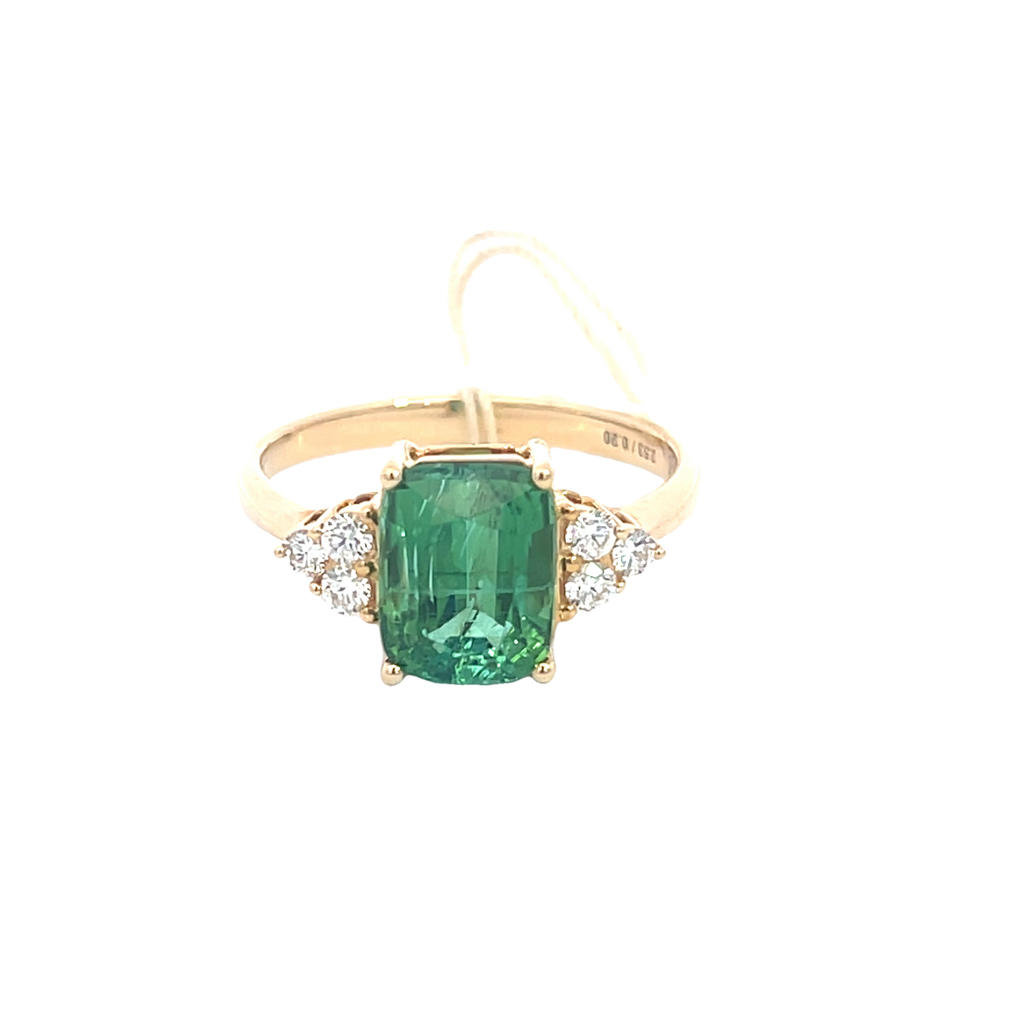 Lady's Yellow 14 Karat Free Form Fashion Ring Size 6.5 With One 2.53Ct Cushion Tourmaline And 6 Round H/I Si2 Diamonds