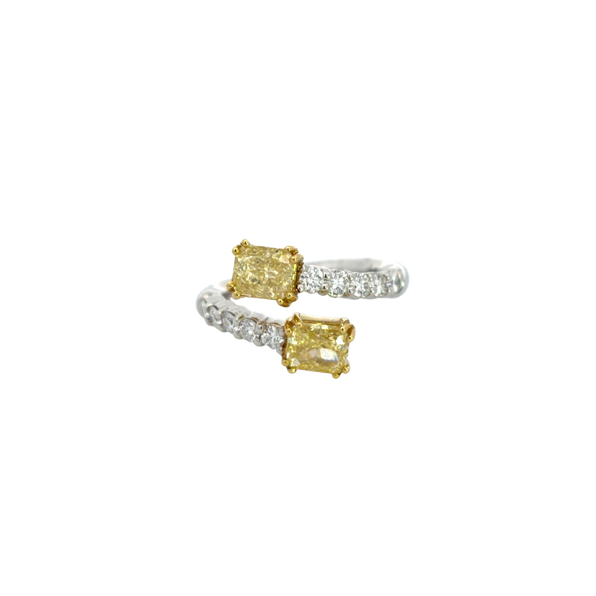 Lady's Two-Tone 18 Karat Bypass Fashion Ring Size 6.5 With 2 = 2.11Twt Radiant Intense Yellow Diamonds And 10 = 0.62Twt Round G/H Si2 Diamonds