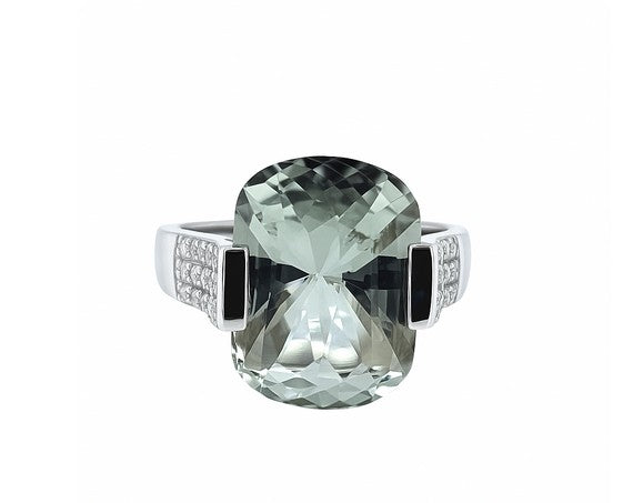 Lady's White 18 Karat Contemporary Fashion Ring Size 6.5 With One = 2.78Ct Cushion Green Amethyst And 36 = 0.32Tw Round H Si1 Diamonds