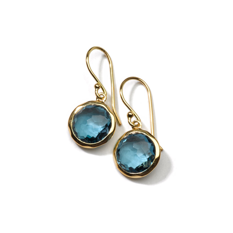 Lady's Yellow 18 Karat Drop Earrings With 2= Round Blue Topazs