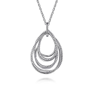 925 Sterling Silver Multi Row of Rope Teardrop Pendant Necklace