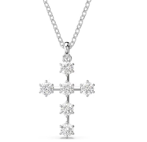 Insigne pendant Round cut, Cross, White, Rhodium plated