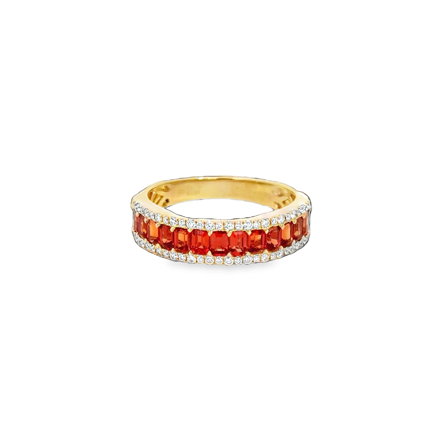 Lady's Yellow 14 Karat Channel Fashion Ring Size 6.5 With 13 = 1.35Tw Emerald Orange Sapphires And 54 = 0.19Tw Emerald H/I Si2 Diamonds