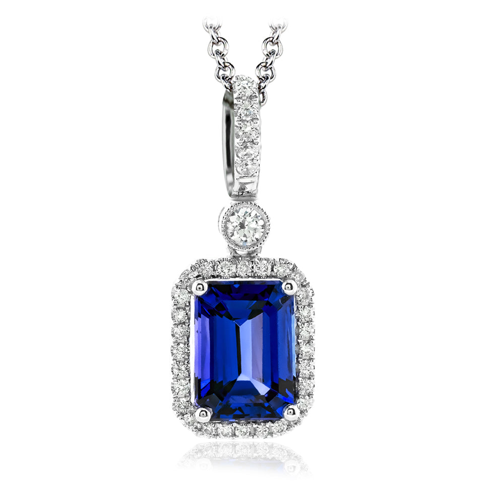 Lady's White 18 Karat Halo Pendants With One 1.90Ct Emerald Tanzanite And 35=0.16Tw Round G Vs1 Diamonds