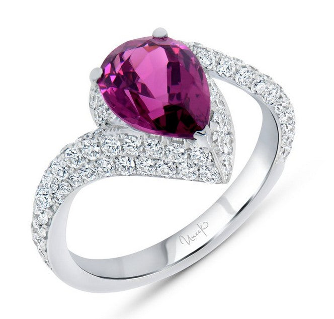 Lady's White 18 Karat Bypass Fashion Ring Size 6.5 With One = 2.68Ct Oval Rhodolite Garnet And 87 = 2.74Twt Round G/H Si2 Diamonds