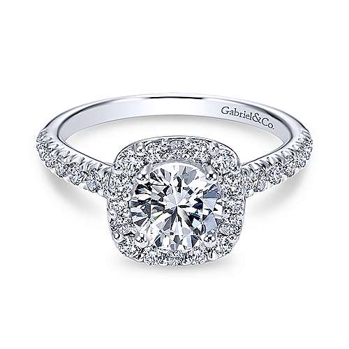 14K White Gold Cushion Halo Round Diamond Engagement Ring