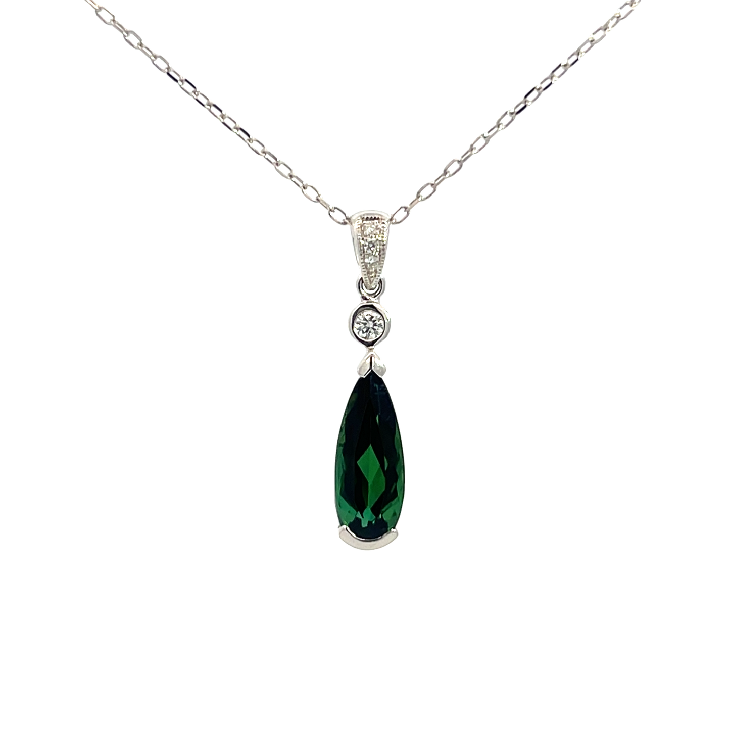 Lady's White 14 Karat Drop Pendants With One 1.97Ct Pear Tourmaline And 0.06Tw Round H/I Si2 Diamonds