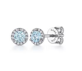14k White Gold Halo Aquamarine And Diamond Stud Earrings