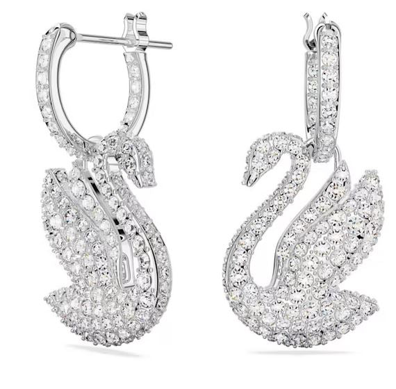 Swarovski Iconic Swan drop earrings Swan, White, Rhodium plated