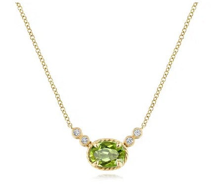 14K Yellow Gold Oval Peridot Pendant Necklace with Diamond Accents