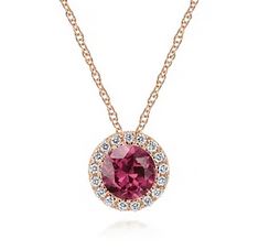 14k Rose Gold Round Cut Diamond Halo & Pink Tourmaline Pendant Necklace