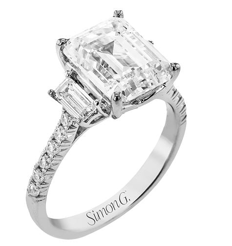 Lady's White 18 Karat 3 Stone Engagement Ring Size 6.5 With 0.22Tw Round G/H Si2 Diamonds And 0.60Tw Emerald G/H Si2 Diamonds