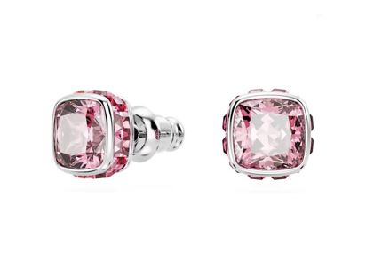 Birthstone stud earrings Square cut, October, Pink, Rhodium plated