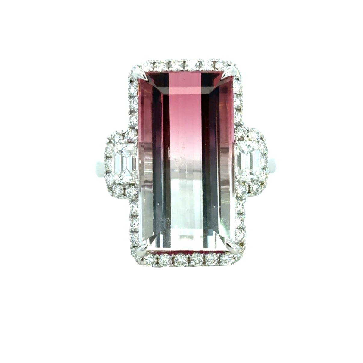 Lady's White 18 Karat 3 Stone Fashion Ring Size 6.5 With One = 11.85Ct Emerald Tourmaline And 44 = 1.00Twt Round H Si1 Diamonds Serial: _1