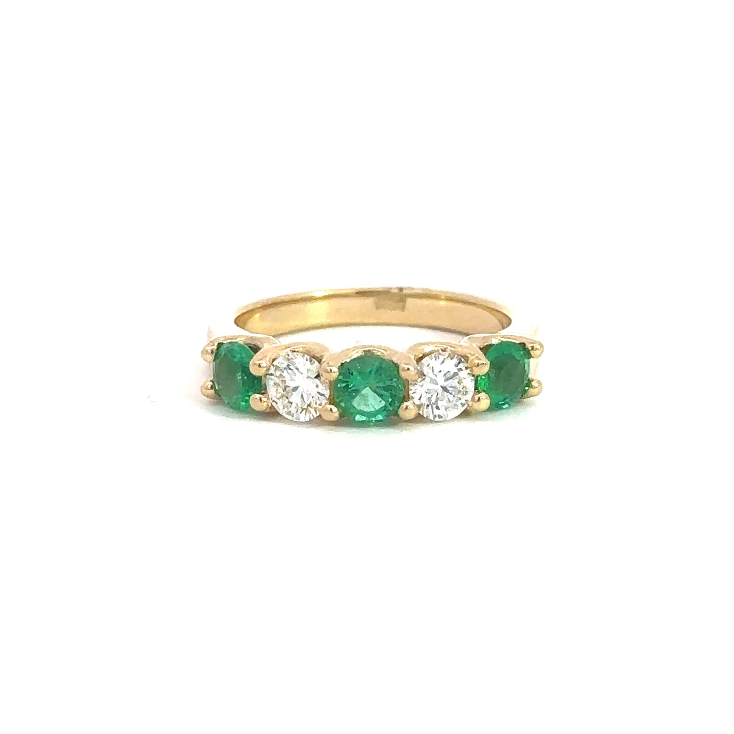 Lady's Yellow 14 Karat 5 Stone Fashion Ring Size 6.5 With 3 0.69Tw Round Emeralds And 2 0.51Tw Round G/H Si2 Diamonds