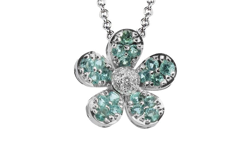 Lady's White 18 Karat Flora Pendants Length 18 With = 0.54Tw Round Paraibas And 7 = 0.07Tw Round G Vs1 Diamonds