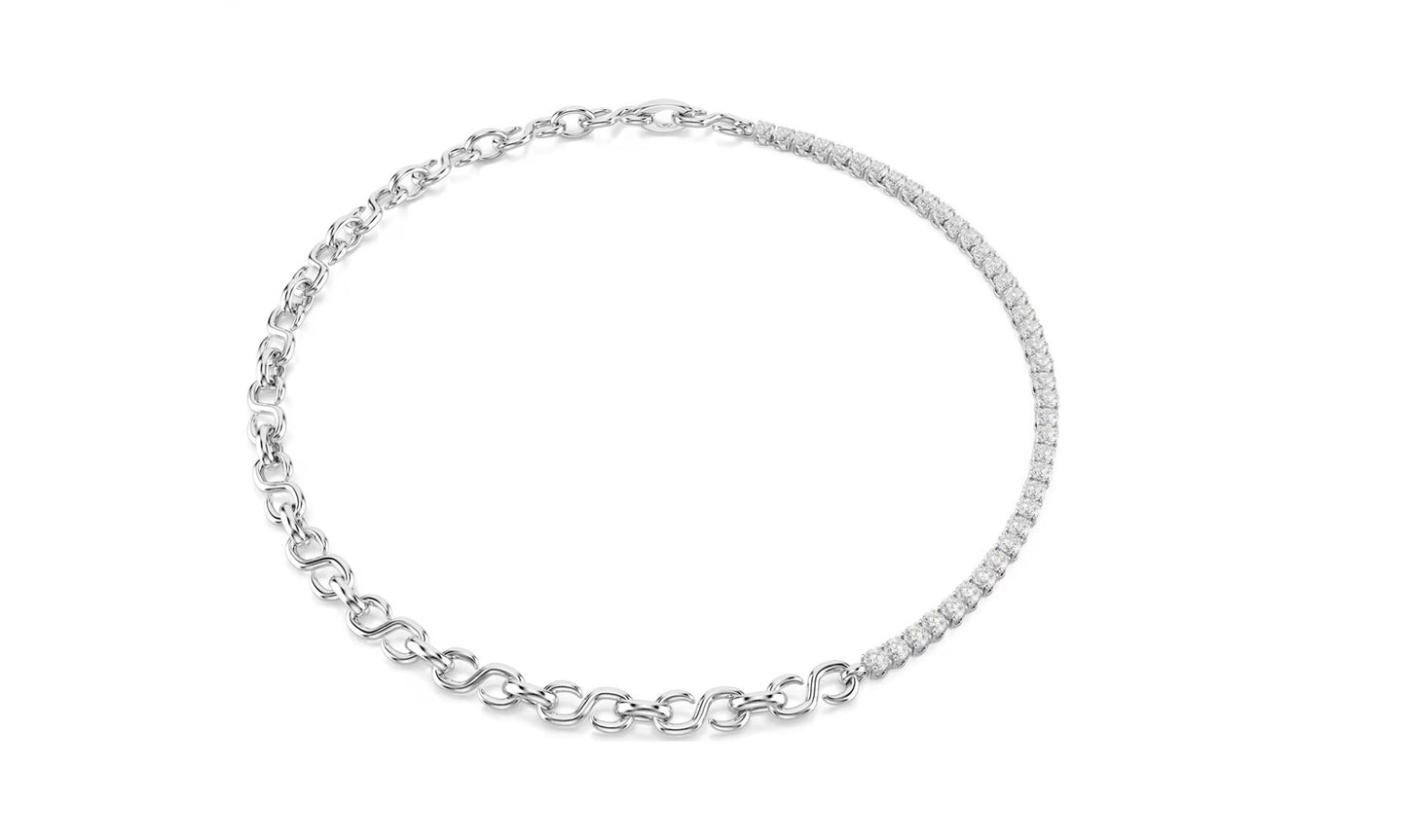 Matrix necklace S-shape, Round cut, White, Rhodium plated