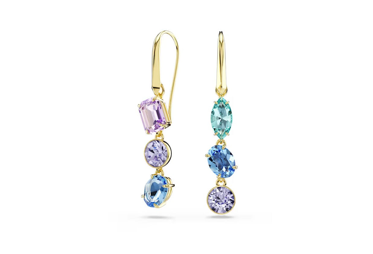 Gema drop earrings Asymmetrical design, Mixed cuts, Multicolored, Gold-tone plated