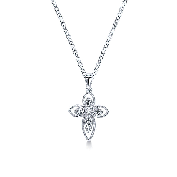921 Sterling Silver Openwork Diamond Cross Necklace