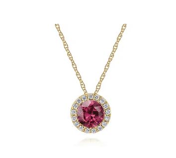 14k Yellow Gold Round Cut Diamond Halo & Pink Tourmaline Pendant Necklace