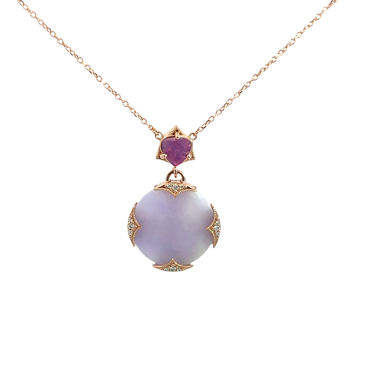 Lady's Rosé 14 Karat Medallion Pendants With One = 7.16Ct Various Shapes Jade, One = 0.77Ct Round Sapphire And 0.05 Twt Other Stones