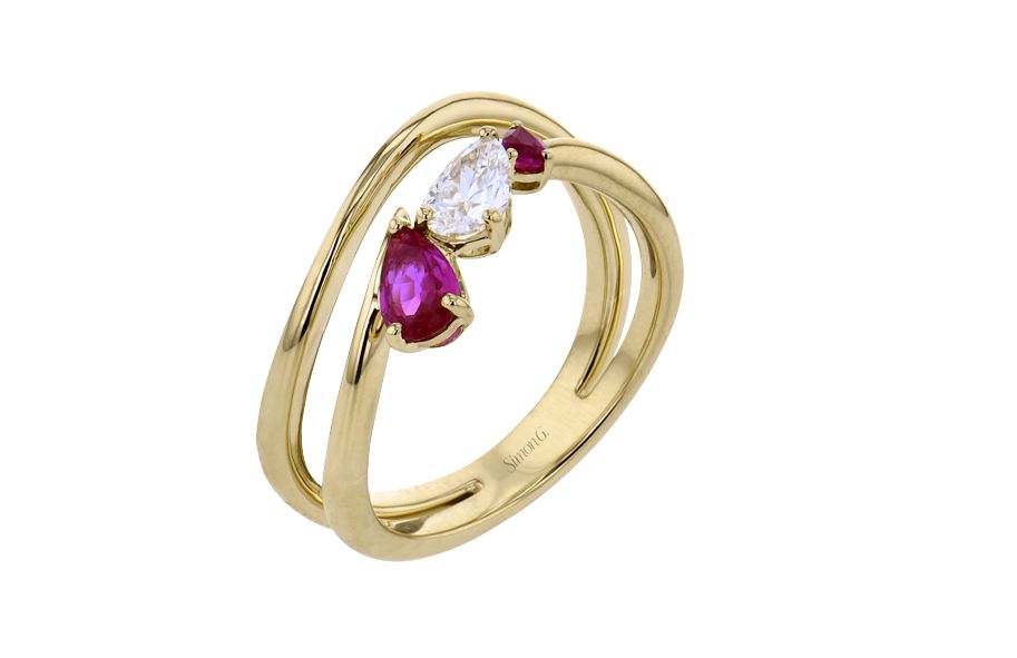 Lady's Yellow 18 Karat Free Form Fashion Ring Size 6.5 With One = 0.37Ct Pear G Vs1 Diamond, One = 0.13Ct Pear Ruby And 0.36 Twt Other Stones