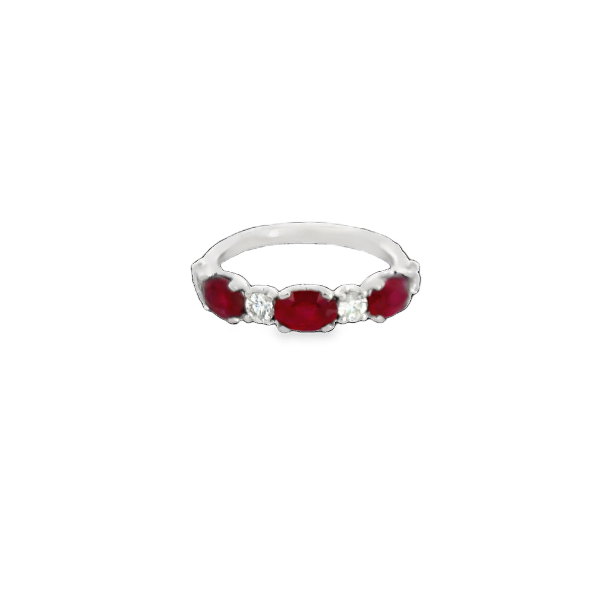 Lady's White 18 Karat Stackable Fashion Ring Size 6.5 With 3 = 1.56Twt Oval Rubies And 4 = 0.36Twt Round G/H Si2 Diamonds