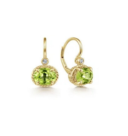 14K Yellow Gold Oval Peridot and Diamond Leverback Earrings